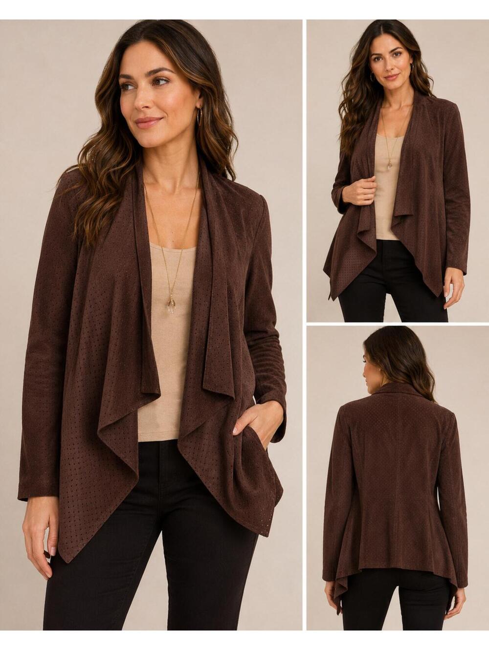 Magaschoni Brown Faux Suede Open Front Jacket with Draped Collar